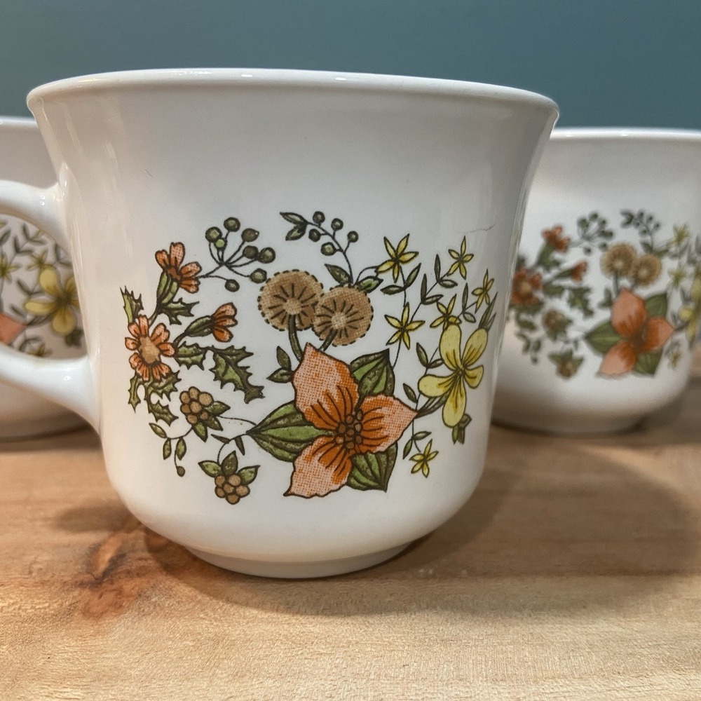 4 Vtg 1970 Corelle Corning Ware "Indian Summer"Coffee Cups Orange Yellow & Green - Picture 3 of 7